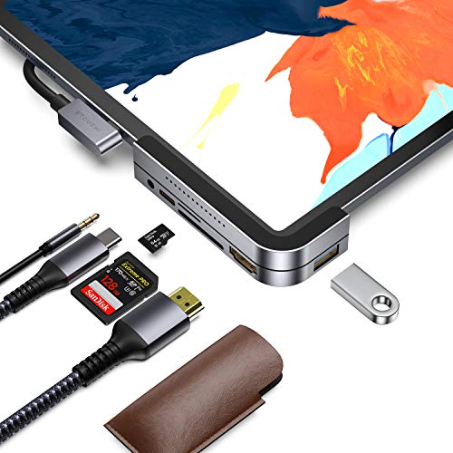 Book Cover Invisible USB C Hub for iPad Pro, iPad Pro 2018 Docking Station Stouchi 6 in 1 iPad Pro Dongle Adapter- USB 3.1 (5Gb/s), 4K HDMI, 3.5mm Headphone and Micro/SD Card Readers for 2020 iPad Pro and More