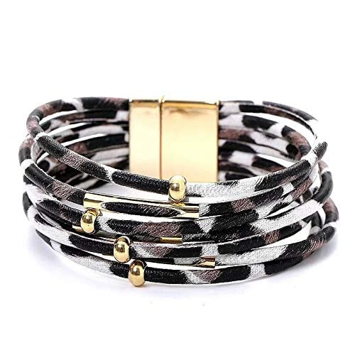 Book Cover LINSUAN Leopard Bracelets for Women Metal Pipe Charm Multilayer Wide Leather Wrap Bracelet(White)