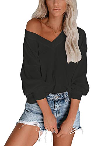 Book Cover INFITTY Womens V Neck Long Sleeve Casual Off The Shoulder Tops Shirts Oversized Pullover Sweater