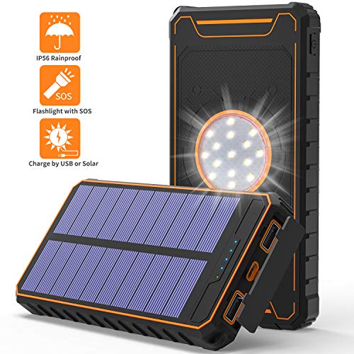 Book Cover HiGoing Solar Charger, 14000mAh Solar Power Bank Portable Phone Charger Dual USB 5V 2A/1A Output with LED Flashlight IP54 Rainproof for Tablet, iOS Android, Outdoor Camping