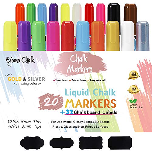 Book Cover Liquid Chalk Markers, 20 Pack with Free 32 Chalkboard Labels - Neon Color Pens Including Gold and Silver Ink. 6mm + 3mm Reversible Bullet & Chisel Tip