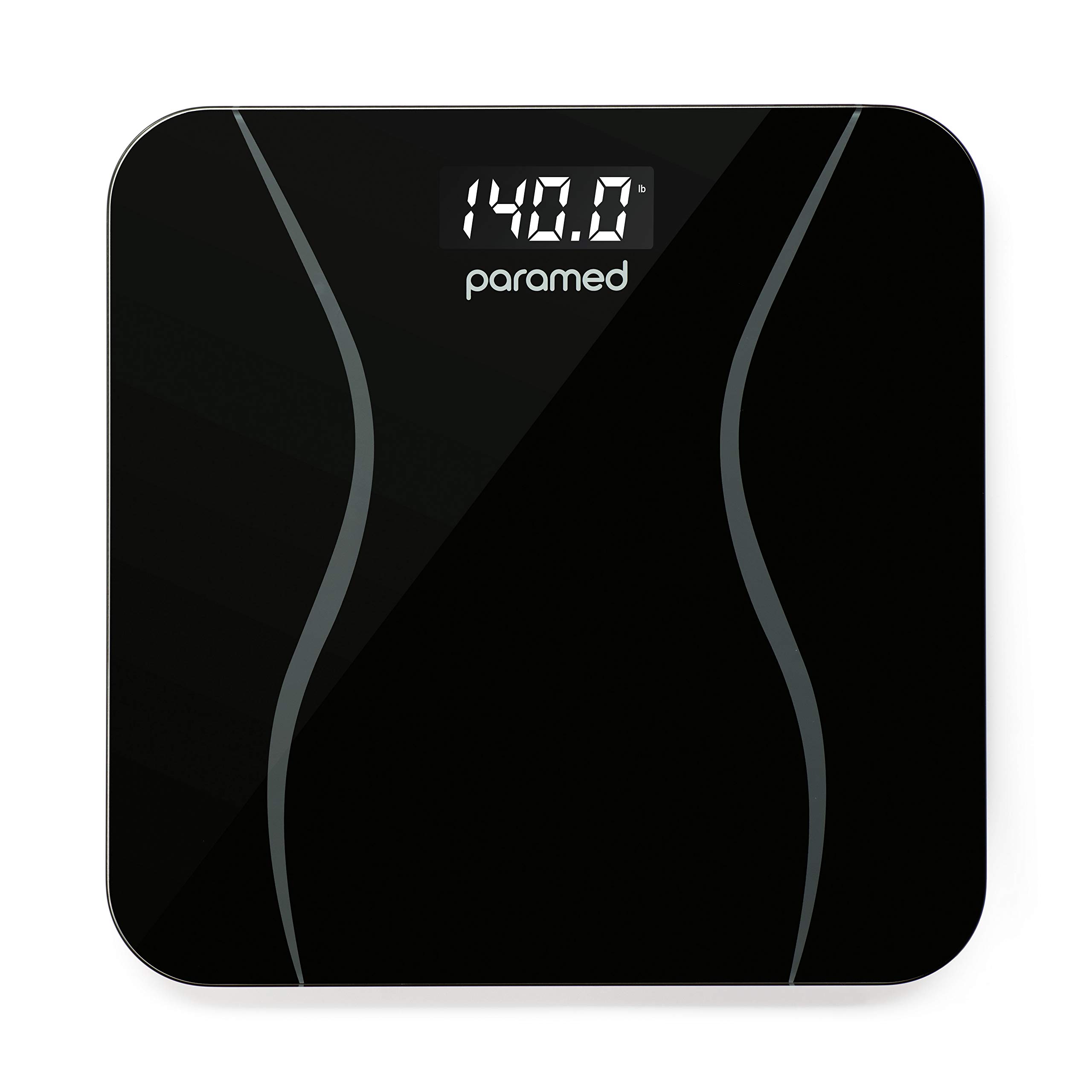 Book Cover Paramed Digital Body Weight Bathroom and Home Scale, Slim Design Weight Loss Monitor, 6mm Tempered Safety Glass Construction, Large LCD Backlit Display, Automatic Step-On Function, 396lbs – Black