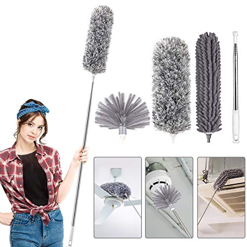 Book Cover HEOATH 4PCS High Reach Dusting Kit with Extension Pole(30-100 inch), Microfiber Feather Dusters, Cobweb Brush, Ceiling Fan Duster, Non-Scratch, Bendable, Washable, Thicker Pole (Dark Gray)