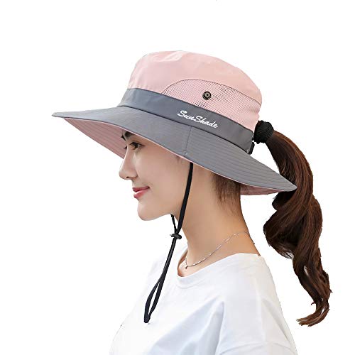 Book Cover Womens UV Protection Wide Brim Sun Hats - Mesh Ponytail Cap Foldable Packable Travel Outdoor Hat (Pink)