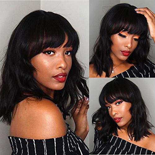 Book Cover UQinZ Bob Curly Wig Synthetic Short Black Wig with Bangs Natural Looking Heat Resistant Fiber Hair for Women ...