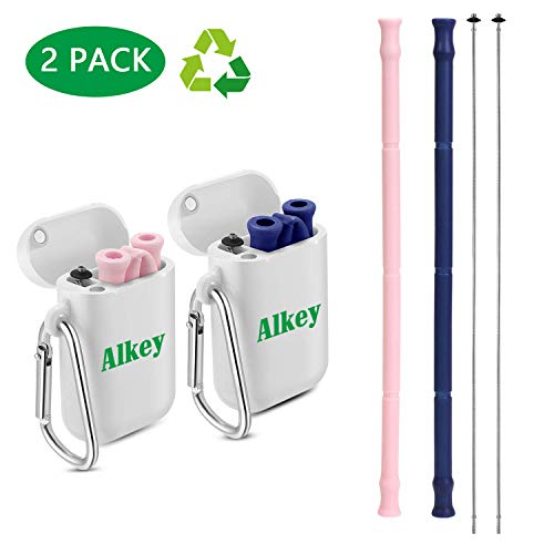 Book Cover Alkey Collapsible Reusable Straws - 2 Pack Portable Silicone Drinking Straws with Carrying Case and Cleaning Brush for Party, Travel, Household, Outdoor, BPA Free(Pink&Blue)
