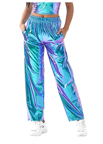 Book Cover Liliam Women's Shiny Metallic Jogger Pants Holographic High Waist Tapered Sweatpants Hip Hop Trousers Streetwear