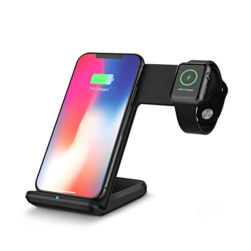 Book Cover Onetopp Wireless Charger Stand for iPhone 12/11 Pro Max /8/8Plus/X/XS/XR/XS, Qi Fast Charging Station for Apple Watch Series SE/6/5/4/3/2/1, 2 in 1 Charge Dock for iWatch