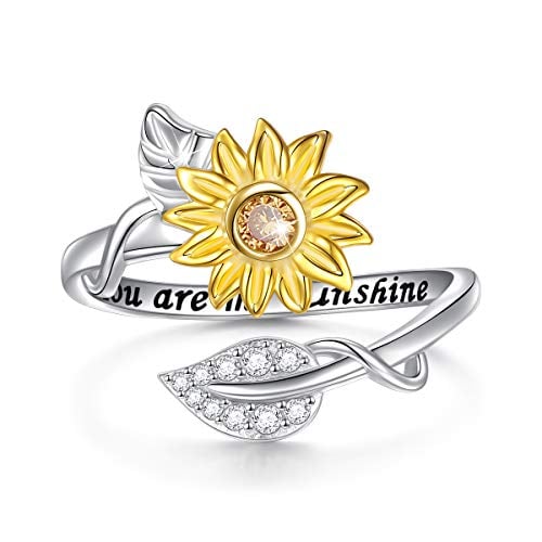 Book Cover Sterling Silver You are My Sunshine Sunflower CZ Heart Ring Adjustable Size 5-9