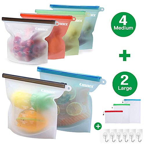 Book Cover Reusable Silicone Food Storage Bags 6 PCS(2 Large 50oz+4 Medium 30oz) Airtight Seal Food Preservation Bags +Free 6 Hooks &3 Bags for Freezer Airtight Seal Vegetable,Liquid,Snack,Meat,Fruit
