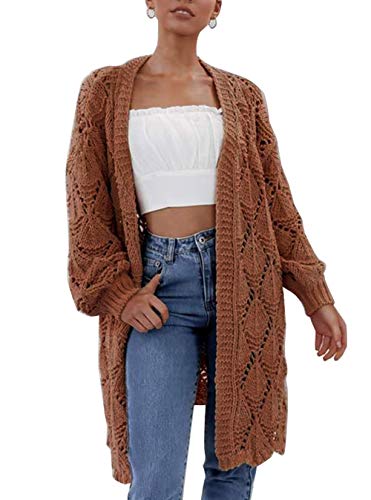 Book Cover PRETTYGARDEN Women's Elegant Solid Open Front Lantern Long Sleeve Hollow Out Side Split Chunky Knitted Long Outwear Coat (Coffee, X-Large)