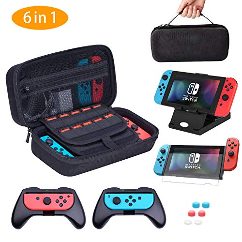 Book Cover HEYSTOP Case for Nintendo Switch, 6 in 1 Nintendo Switch Case Come with 2 Joy-con Grips for Nintendo Switch, Adjustable PlayStand, Tempered Glass Screen Protector with 6 Thumb Grip Caps