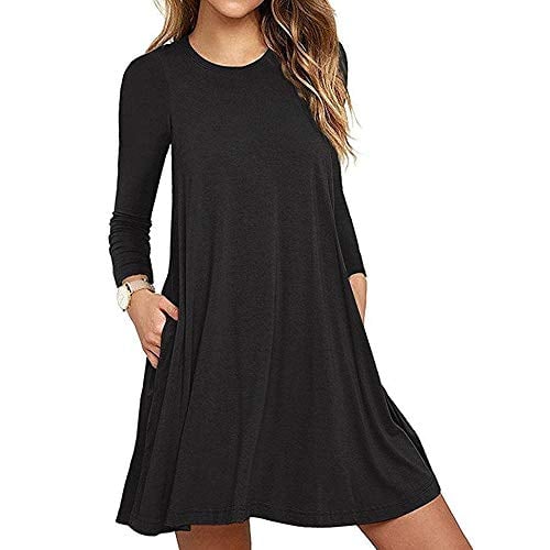 Book Cover lamibaby Women's Long Sleeve Pockets Casual Tunic Loose Swing T-Shirt Dress Round Neck Black