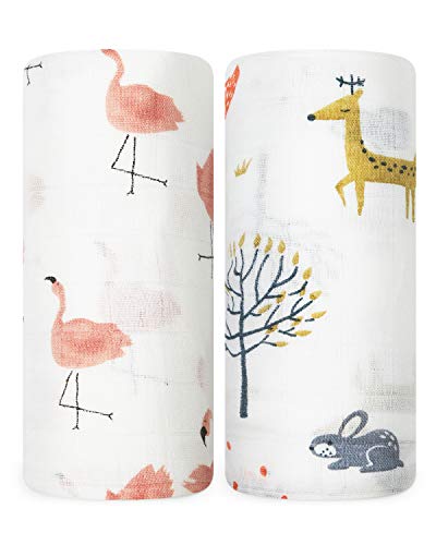 Book Cover Baby Swaddle Blanket, Bamboo Muslin Swaddle Blanket for Girls & Boys,Soft Silky Receiving Swaddle Wrap 70% Bamboo+ 30% Cotton, Large 47 x 47 inches, Set of 2 - Fox & Flamingo