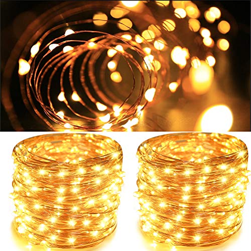 Book Cover Aluan Fairy Lights 2 Pack 100 LED 33 FT Copper Wire Christmas Lights USB & Battery Powered Waterproof LED String Lights with 8 Modes for Indoor Outdoor Bedroom Wedding Party Patio Decor, Warm White