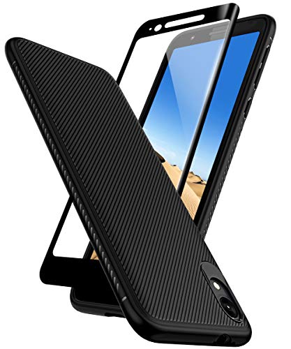 Book Cover Moto E6 Case with [Full Tempered Glass Screen Protector], Sunnyw Scratch Resistant Flexible Thin TPU Rubber Shockproof Snugly Fit Case for Motorola Moto E6 (Black)