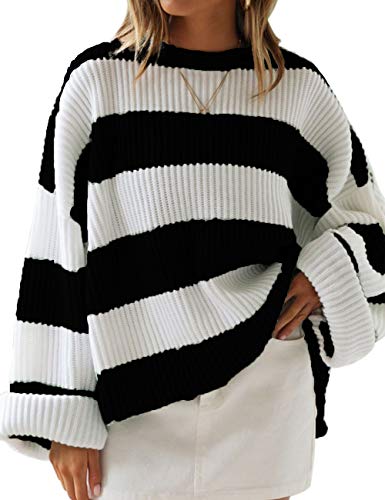Book Cover ZESICA Women's Long Sleeve Crew Neck Striped Color Block Comfy Loose Oversized Knitted Pullover Sweater