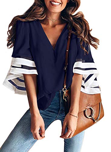 Book Cover BLENCOT Women's Casual V Neck Color Block 3/4 Bell Sleeve Blouse Loose Shirt Tops