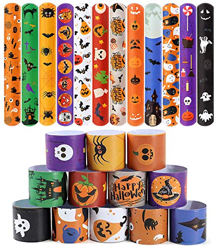 Book Cover 48 PCS Halloween Slap Bracelets for Kids Snap Bracelets Bulk with Spider Pumpkin Ghost Animal Print Craft Halloween Party Favors Birthday Gifts