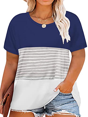 Book Cover VISLILY Women's Plus Size T-Shirt Short Sleeve Striped Tunics Top XL-4XL