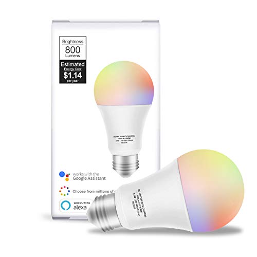 Book Cover Smart LED Bulb WiFi Multicolor Light Bulb Compatible with Alexa, Echo, Google Home No Hub Required, E26 A19 60W Equivalent RGBW Color Changing, 9.5W White 2700K-5500K Dimmable UL Listed, 1pack
