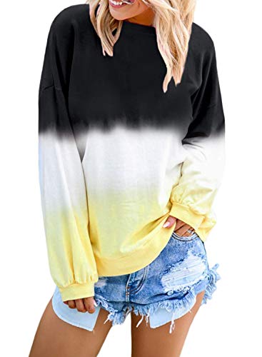 Book Cover FIYOTE Women Crewneck Pullover Tops Casual Color Block Long Sleeve Lightweight Sweatshirt Blouses S-2XL - Black - Medium