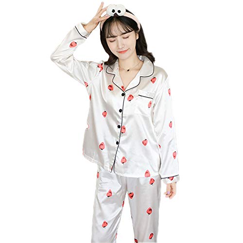 Book Cover Women's Satin Pajamas, Pajamas Sets 3 Piece, Long Sleeve Button Down Pj Set Sleepwear Loungewear(Strawberry (white)-S)