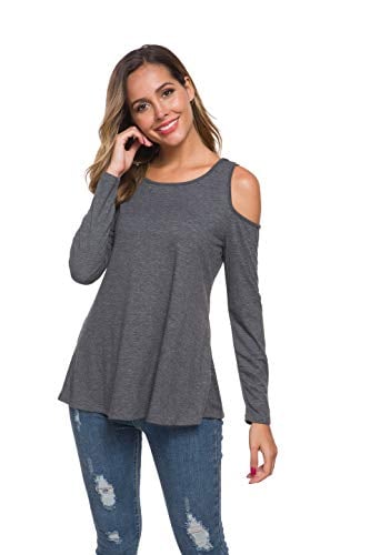 Book Cover Coreal Women Long Sleeve Casual Cold Shoulder Tops Loose Tunic Deep Gray Small