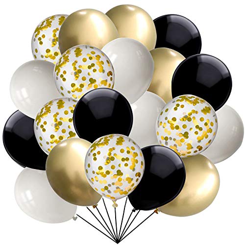 Book Cover 60 pcs Black and Gold Confetti Balloons 12 Inch White Pearl and Gold Metallic Party Balloons for Holidays Birthday Party Decorations