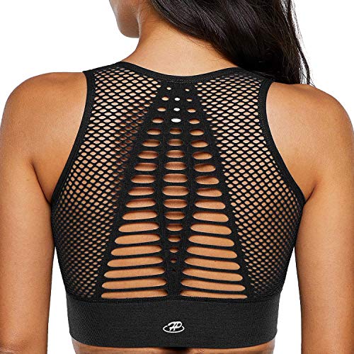 Book Cover Hopgo Women's Seamless Sports Bra High Impact Mesh Running Crop Tops Breathable Openwork Workout Fitness Activewear Black