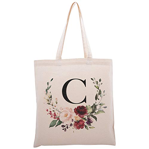 Book Cover Personalized Floral Initial Cotton Canvas Tote Bag for Events Bachelorette Party Baby Shower Bridal Shower Bridesmaid Christmas Gift Bag | Daily Use | Totes for Yoga, Pilates, Gym, Workout | #2 - C