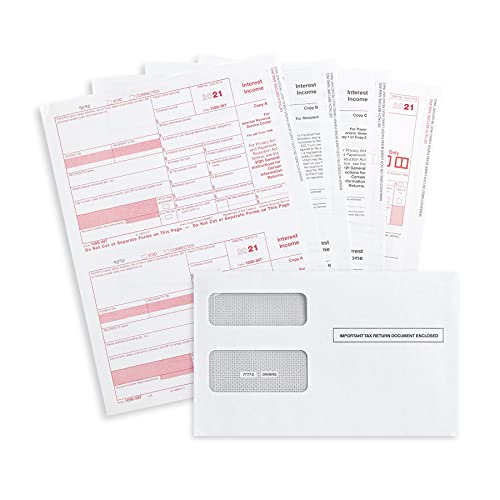 Book Cover 2021 1099 INT 4 Part Interest Tax Forms Kit, 25 Laser Form Bundle of 1099 Interest Forms (2021), Compatible with QuickBooks and Accounting Software, 25 Self Seal Envelopes Included