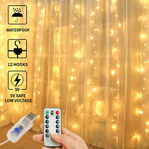 Book Cover Window Curtain String Lights, 300 LED USB Powered String Lights, 8 Lighting Modes Waterproof Decorative Lights for Wedding, Homes, Garden, Party, Bedroom Outdoor Indoor Wall Decorations (9.8x9.8 Ft)