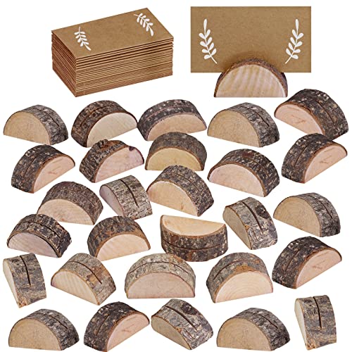 Book Cover 30 Pcs Rustic Wood Wedding Place Card Holders with 32 Pcs Kraft Tented Cards Half-Round Table Numbers Holder Stand Wooden Memo Holder Card Photo Picture Note Clip Holders Escort Card Holder
