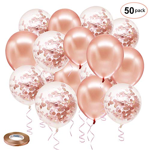 Book Cover Rose Gold Confetti Latex Balloons, 50 pack 12 inch Birthday Balloons with 65 Feet Rose Gold Ribbon for Party Wedding Bridal Shower Decorations