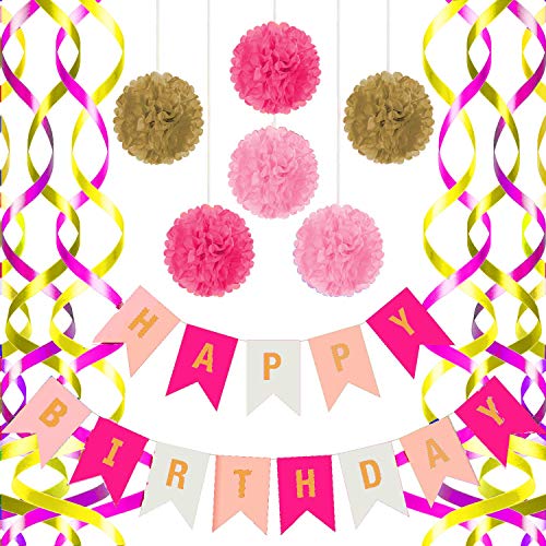Book Cover Happy Birthday Banner, With 6 Pom Pom Color Gold, Pink And Dark Pink, With 6 Hanging Swirls Pink and Gold, Birthday Decorations