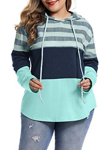 Book Cover LALAGEN Womens Casual Hoodies Color Block Drawstring Plus Size Pullover Sweatshirts - Green - Small