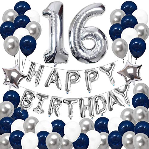 Book Cover 16th Birthday Decorations, Happy 16th Birthday Balloons Party Supplies for Girls Boys Happy Birthday Banner Blue and Silver Party Decorations (69PCS)