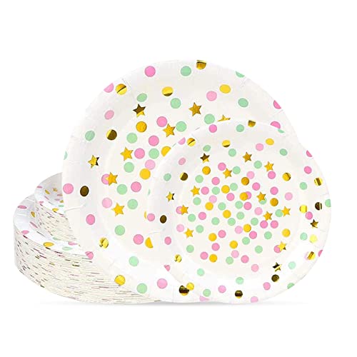 Book Cover Pink and Gold Dot Party Supplies - 100PCS Disposable Pink Paper Plates Dinnerware Confetti Dots Gold Star 50 Dinner Plates 50 Dessert Plates Wedding Birthday Party Baby Shower…