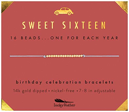 Book Cover Lucky Feather Sweet 16 Gifts for Girls; 16th Birthday Bracelet Gift Idea for 16 Year Old Girls with 14K Gold Dipped Beads on Adjustable Cord