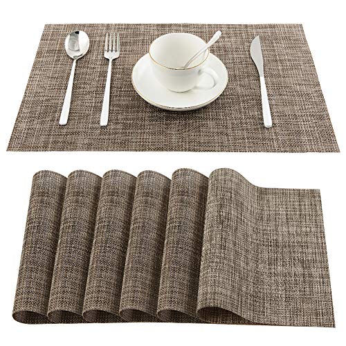 Book Cover Vivi&Stitch Wipeable Placemats, 6 Pack Table Placemats, Easy to Clean Heat-Resistant Stain Resistant Anti-Skid Woven Vinyl PVC Table Mats for Kitchen Dining Table (Brown)