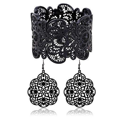 Book Cover Amupper Metal Lace Bracelet and Earrings Set Bohemian Filigree Cuff Bangle Antique Jewelry for Womens Ladies