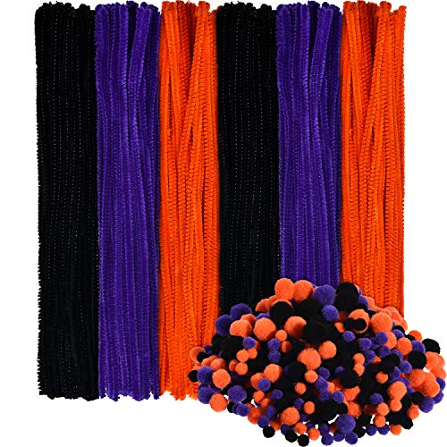 Book Cover Boao 500 Pieces Halloween Pom Poms and 150 Pieces Pipe Cleaners Chenille Stems for Halloween Craft Party Supplies