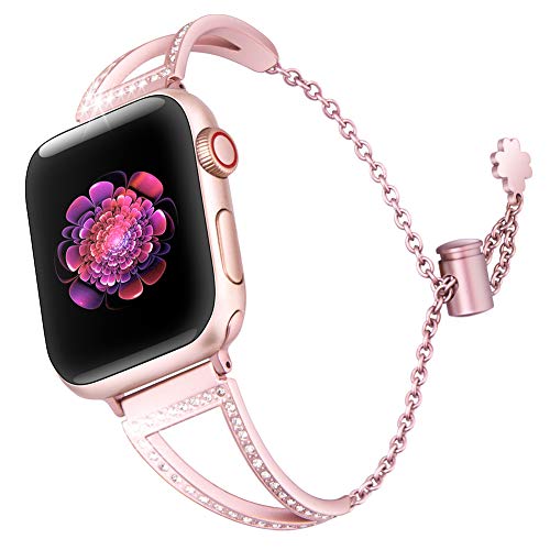 Book Cover E COASTAL Bling Band Compatible with Apple Watch Band 38mm 42mm Women, Replacement for Apple iWatch Series 5 4 3 2 1 Stainless Steel Wrist Bands with Adjustable Buckle Chain, 38mm 40mm, Rose Gold