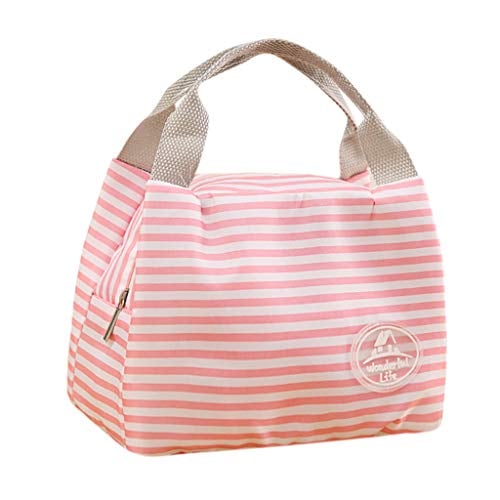 Book Cover KANGMOON Reusable Lunch Bags for women Insulated Cold Canvas Stripe Picnic Carry Case Thermal Portable Lunch Bag (Pink)