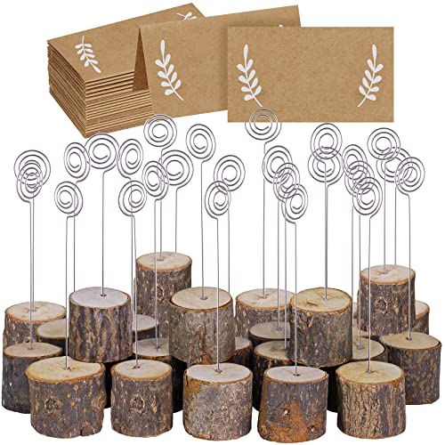 Book Cover 30 Pcs Rustic Wood Place Card Holders with Swirl Wire Wooden Bark Memo Holder Stand Card Photo Picture Note Clip Holders 5.8