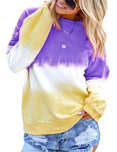 Book Cover STYLEIE Women Gradient Crew Neck Pullover Top Long Sleeve Colorblock Sweatshirts, 1-purple, X-Large