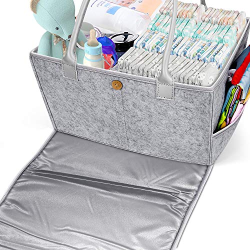 Book Cover Gimars 2 in 1 Large Baby Caddy Organizer with Changing Pad, Portable Felt Nursery Storage Bin for Diapers Baby Wipe Toys, Car Travel Tote Bag, Bright Light Gray