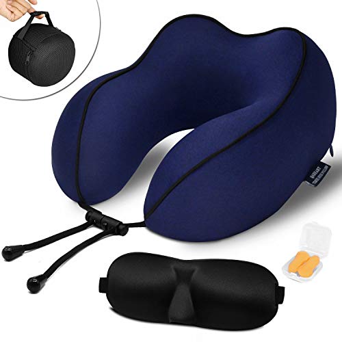 Book Cover QAHEART 100% Pure Memory Foam Travel Pillow, Breathable & Comfortable Neck Pillow with Removable, Machine Washable Pillowcase, Travel Kit with Airplane Pillow, Storage Bag, Sleep Mask and Earplugs