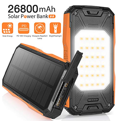 Book Cover AMZGO Solar Charger 26800mAh,Portable 18W PD Fast Charger With Type-C In/Output＆18W USB Output, LED Flashlight＆Mosquito Repellent Lamp, IPX1 Rainproof